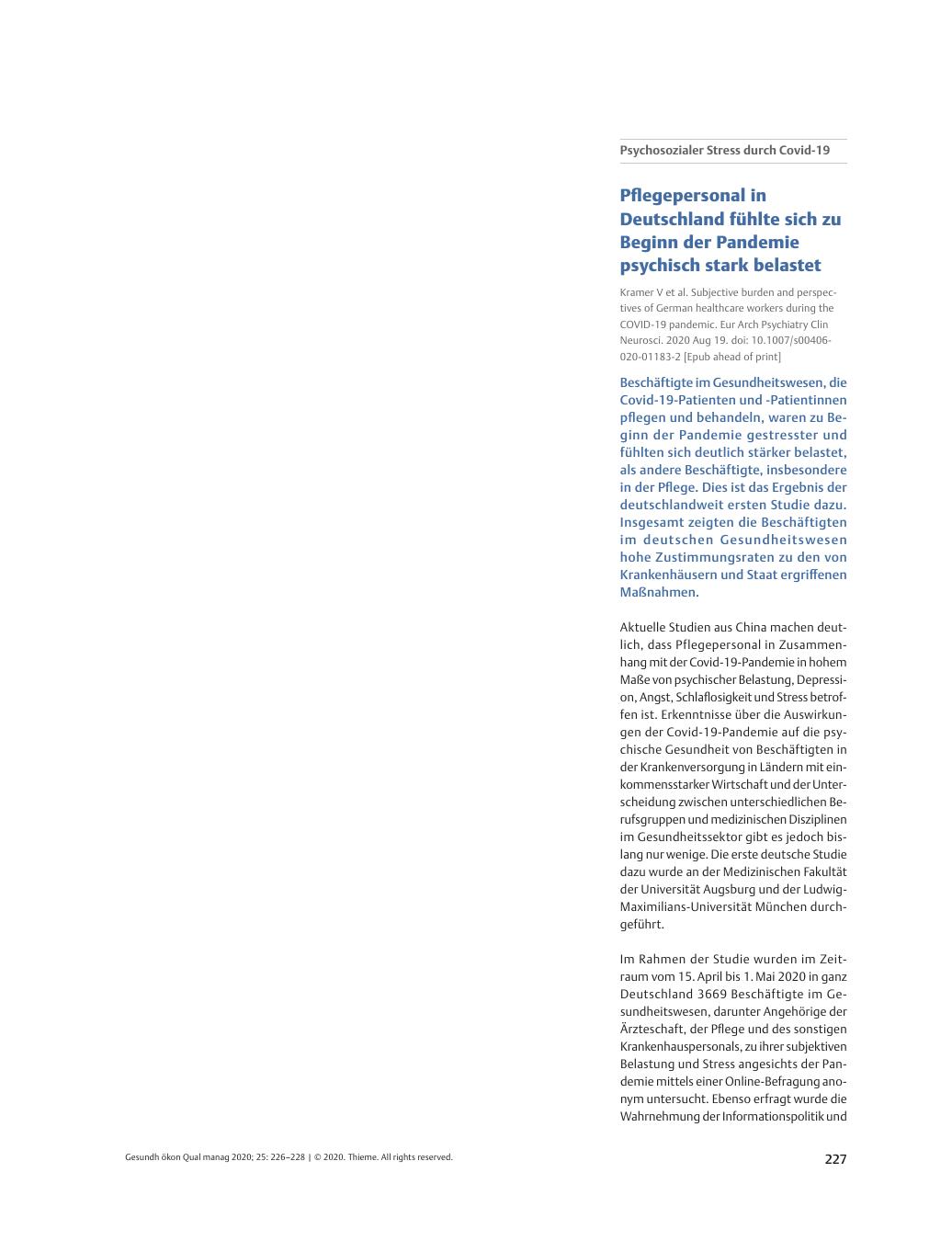 Vorschauseite 1: Psychosozialer Stress durch Covid-19 – Pflegepersonal in Deutschland fühlte sich zu Beginn der Pandemie psychisch stark belastet.