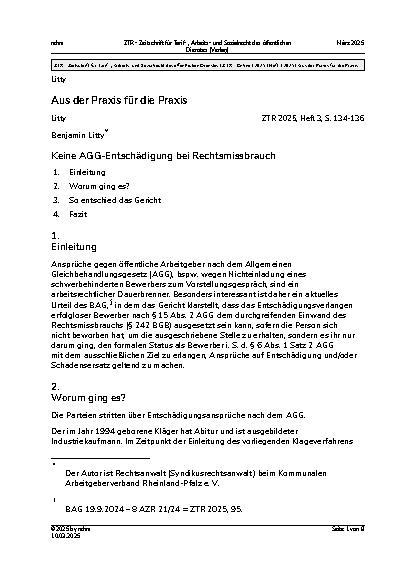 Vorschauseite 1: Keine AGG-Entschädigung bei Rechtsmissbrauch