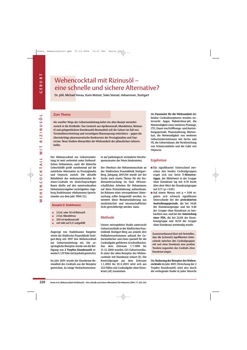 Vorschauseite 1: Wehencocktail mit Rizinusöl - eine schnelle und sichere Alternative?