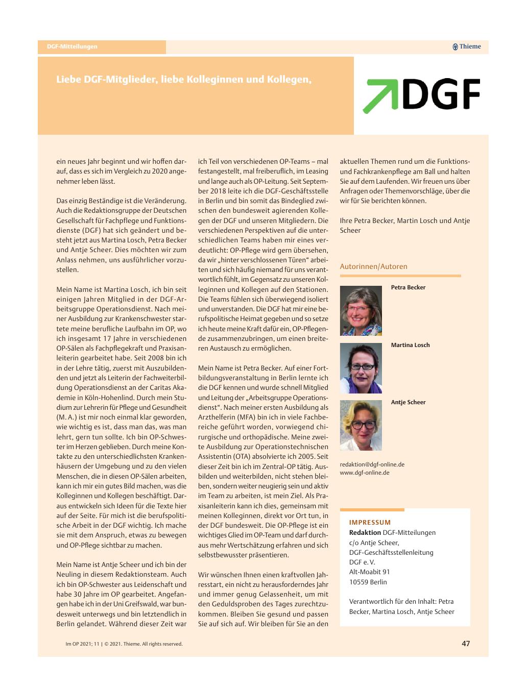 Vorschauseite 1: Liebe DGF-Mitglieder, liebe Kolleginnen und Kollegen,