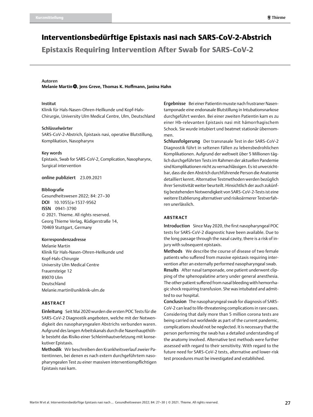Vorschauseite 1: Interventionsbedürftige Epistaxis nasi nach SARS-CoV-2-Abstrich