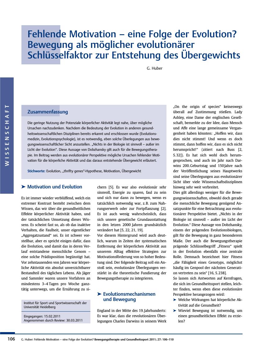 Vorschauseite 1: Fehlende Motivation – eine Folge der Evolution? Bewegung als möglicher evolutionärer Schlüsselfaktor zur Entstehung des Übergewichts