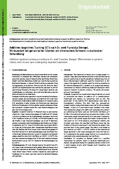 Vorschauseite 1: Additives kognitives Training (KT) nach Dr. med Franziska Stengel. Wirksamkeit bei geriatrischer Klientel mit chronischem Schmerz in stationärer Behandlung