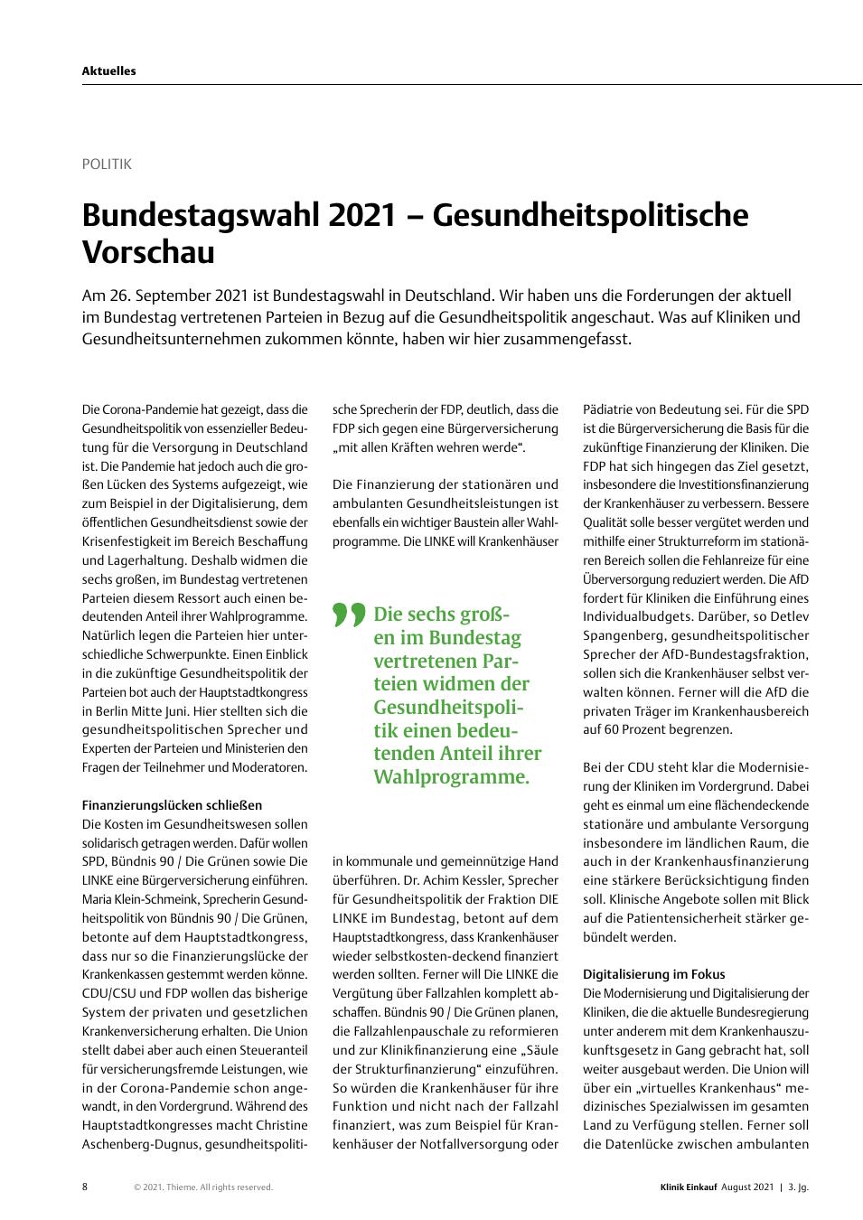 Vorschauseite 1: Politik: Bundestagswahl 2021 – Gesundheitspolitische Vorschau