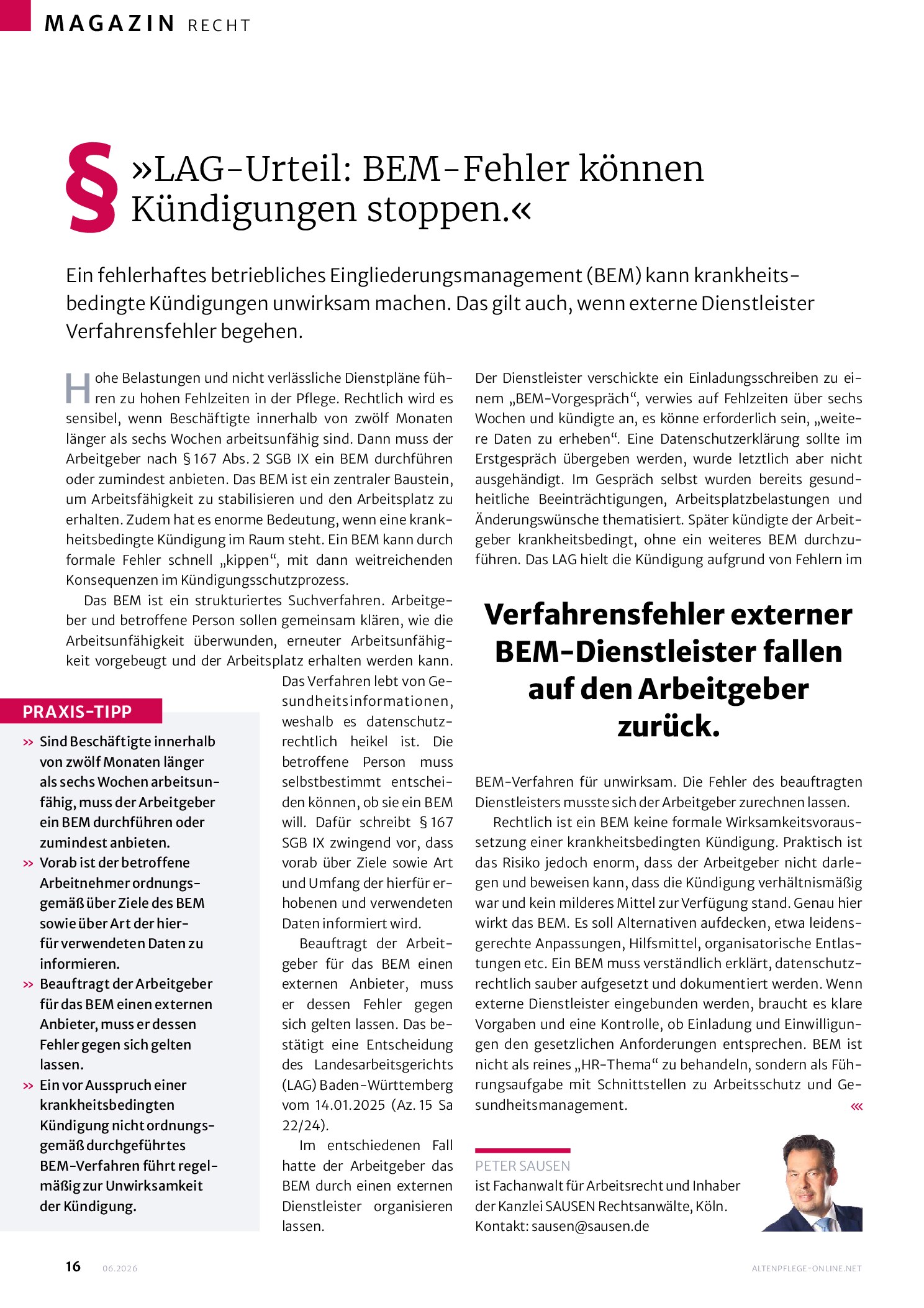 Vorschauseite 1: LAG-Urteil: BEM-Fehler können Kündigungen stoppen