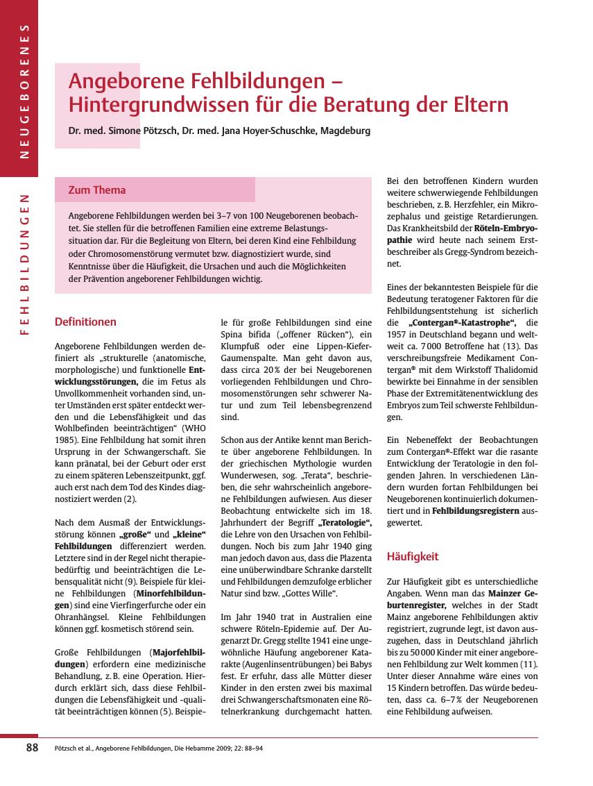Vorschauseite 1: Angeborene Fehlbildungen – Hintergrundwissen für die Beratung der Eltern