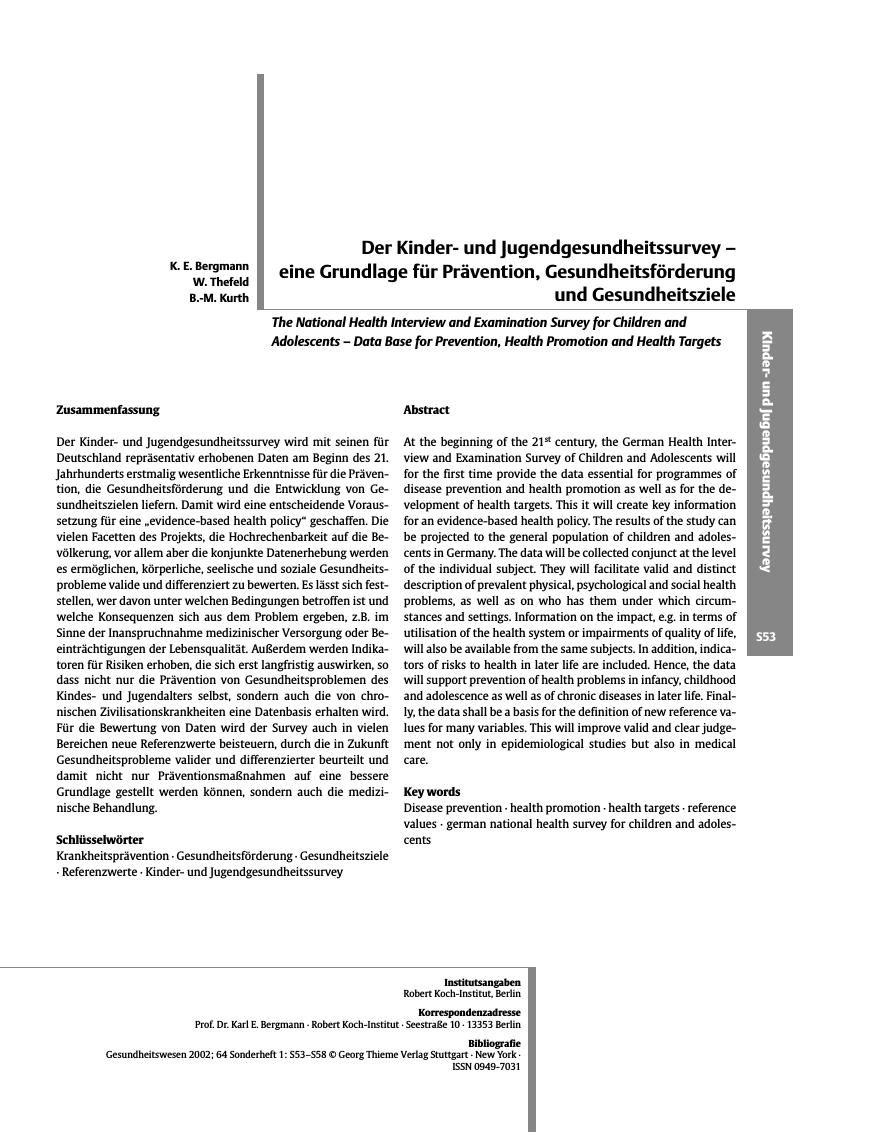 Vorschauseite 1: Der Kinderund Jugendgesundheitssurvey - eine Grundlage für Prävention, Gesundheitsförderung und Gesundheitsziele