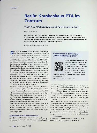 Vorschauseite 1: Kongress Berlin: Krankenhaus-PTA im Zentrum Von PTA für PTA: Fortbildung zum 50. ADKA-Kongress in Berlin