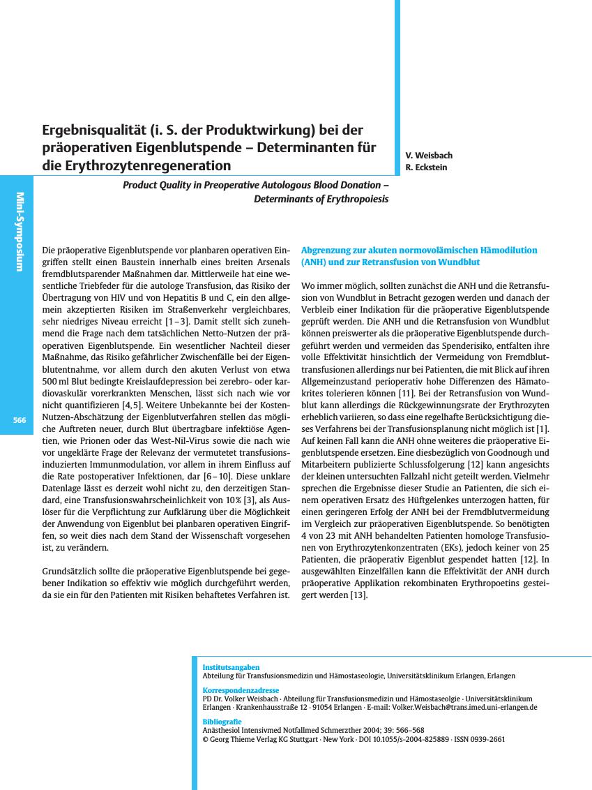 Vorschauseite 1: Ergebnisqualität (i. S. der Produktwirkung) bei der präoperativen Eigenblutspende - Determinanten für die Erythrozytenregeneration