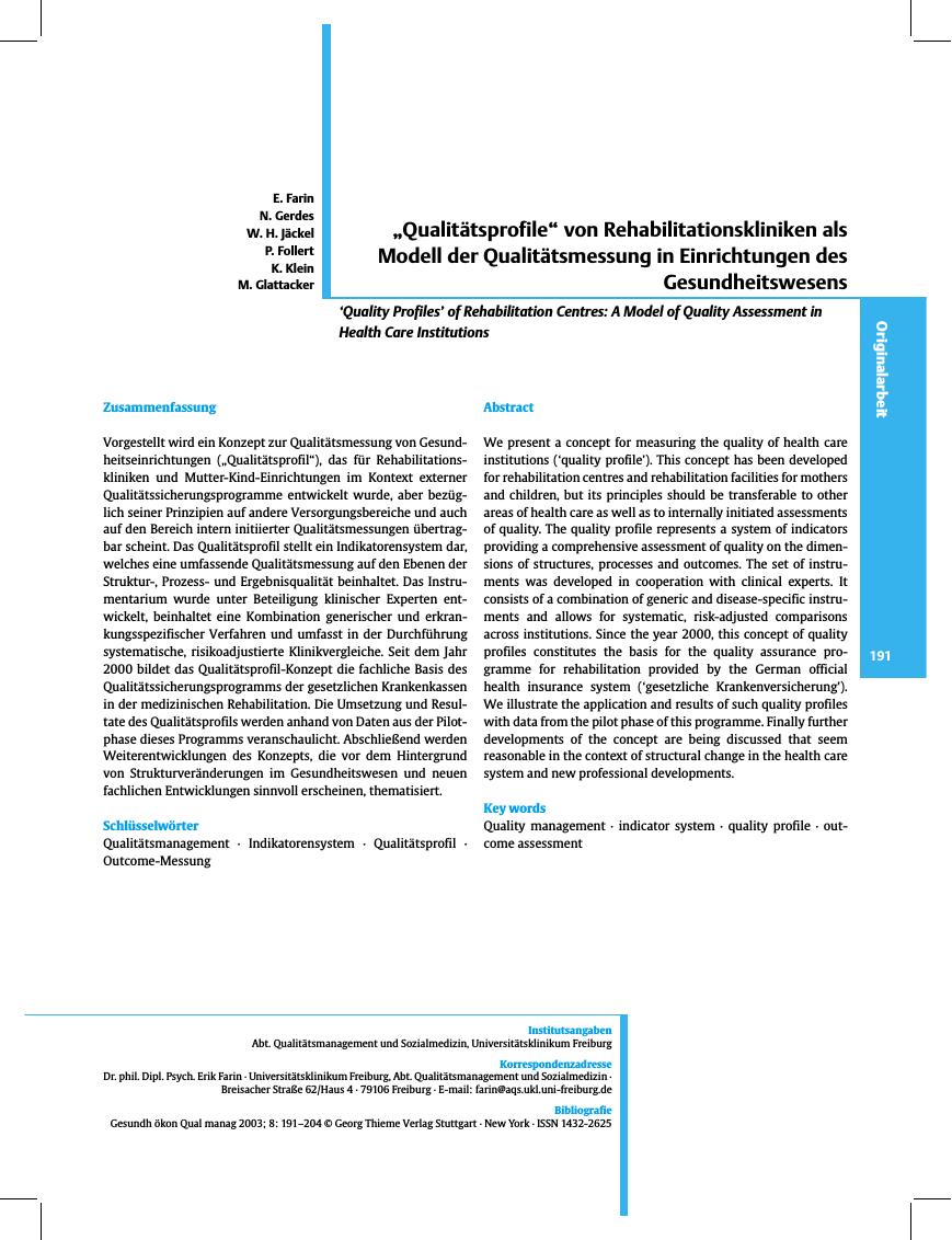 Vorschauseite 1: „Qualitätsprofile” von Rehabilitationskliniken als Modell der Qualitätsmessung in Einrichtungen des Gesundheitswesens