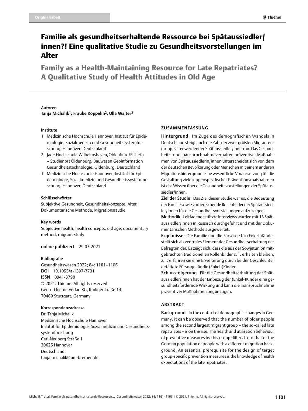 Vorschauseite 1: Familie als gesundheitserhaltende Ressource bei Spätaussiedler/innen? ! Eine qualitative Studie zu Gesundheitsvorstellungen im Alter