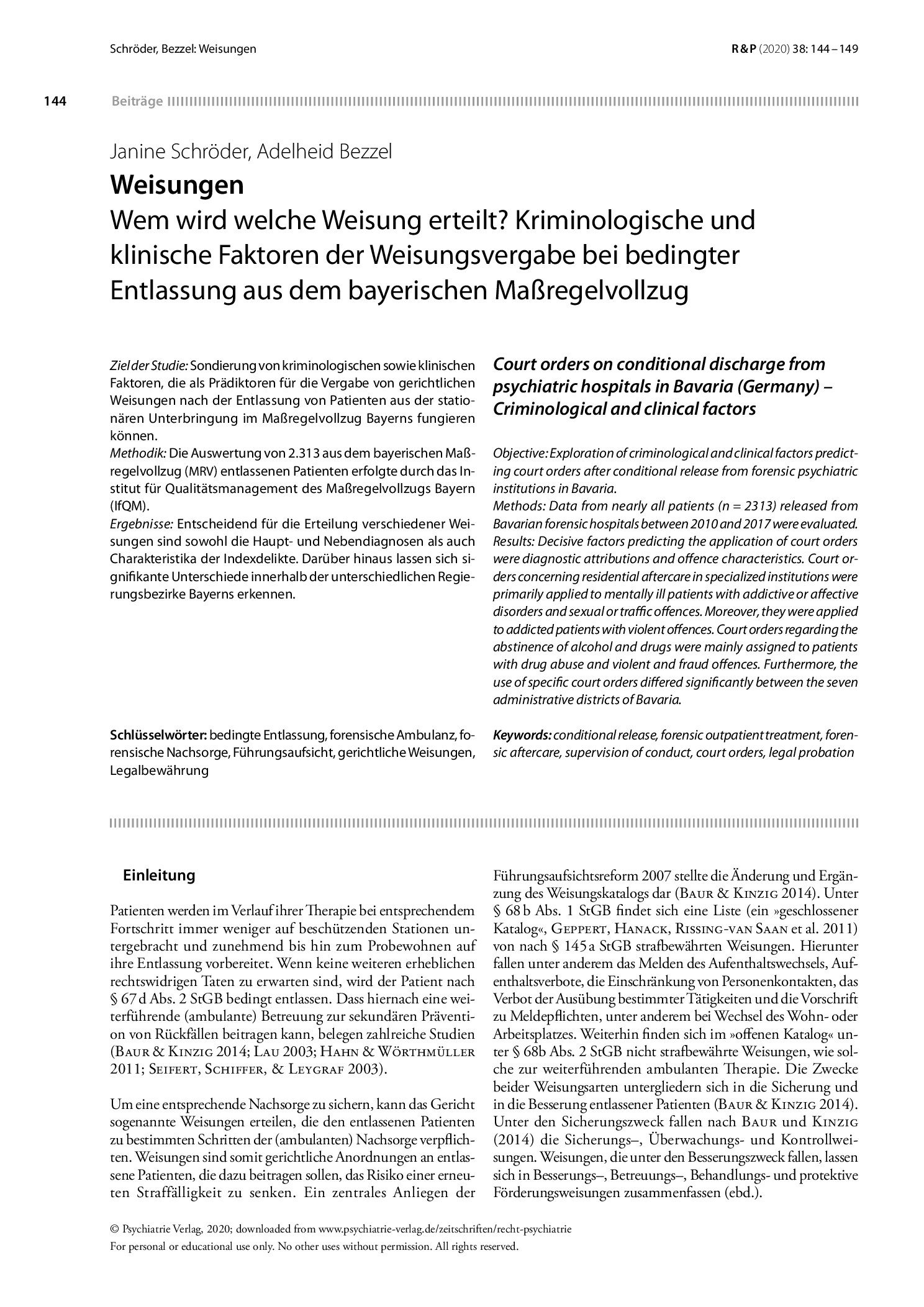 Vorschauseite 1: Weisungen: Wem wird welche Weisung erteilt? Kriminologische und klinische Faktoren der Weisungsvergabe bei bedingter Entlassung aus dem bayerischen Maßregelvollzug