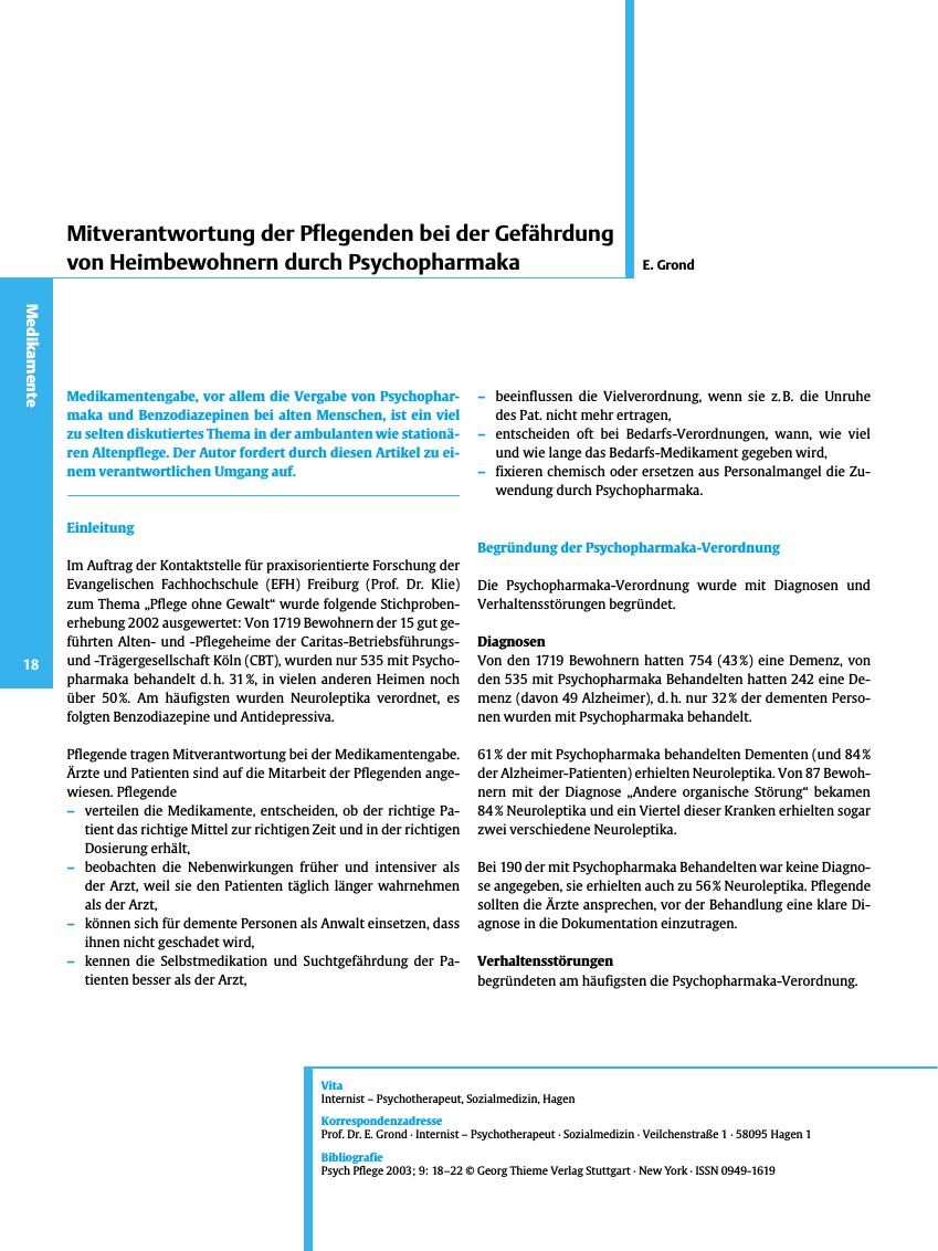 Vorschauseite 1: Mitverantwortung der Pflegenden bei der Gefährdung von Heimbewohnern durch Psychopharmaka