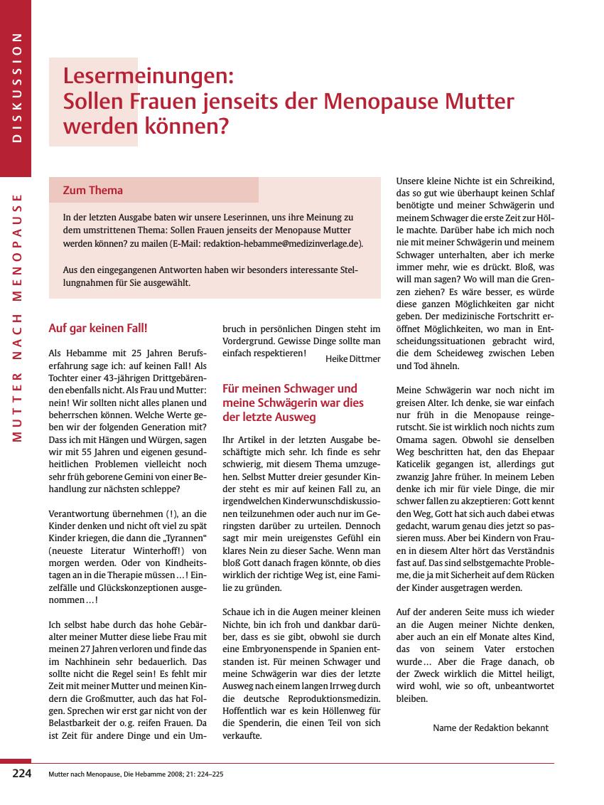 Vorschauseite 1: Lesermeinungen: Sollen Frauen jenseits der Menopause Mutter werden können?
