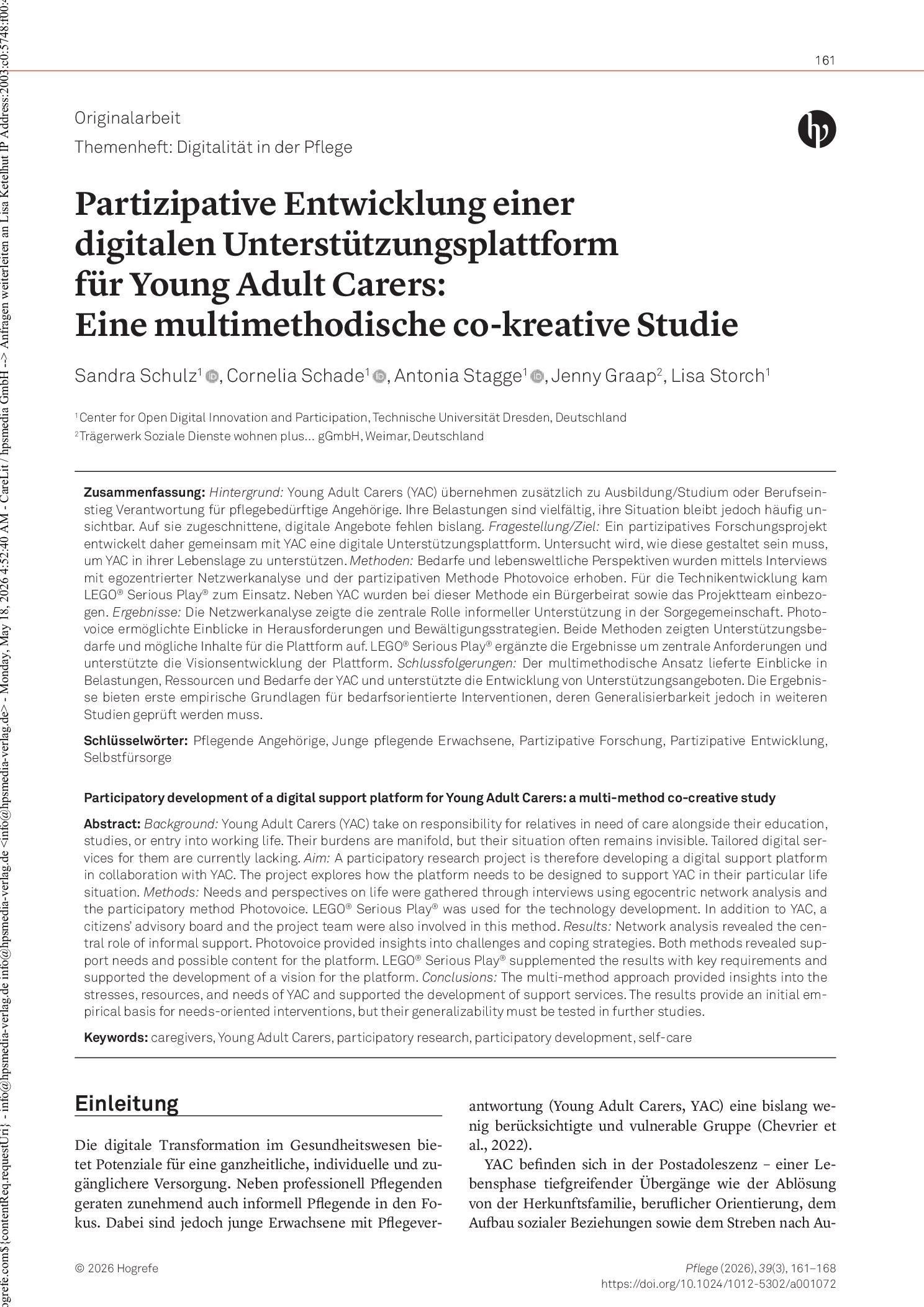Vorschauseite 1: Partizipative Entwicklung einer digitalen Unterstützungsplattform für Young Adult Carers: Eine multimethodische co-kreative Studie
