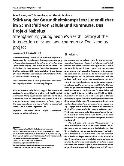 Vorschauseite 1: Stärkung der Gesundheitskompetenz Jugendlicher im Schnittfeld von Schule und Kommune. Das Projekt Nebolus