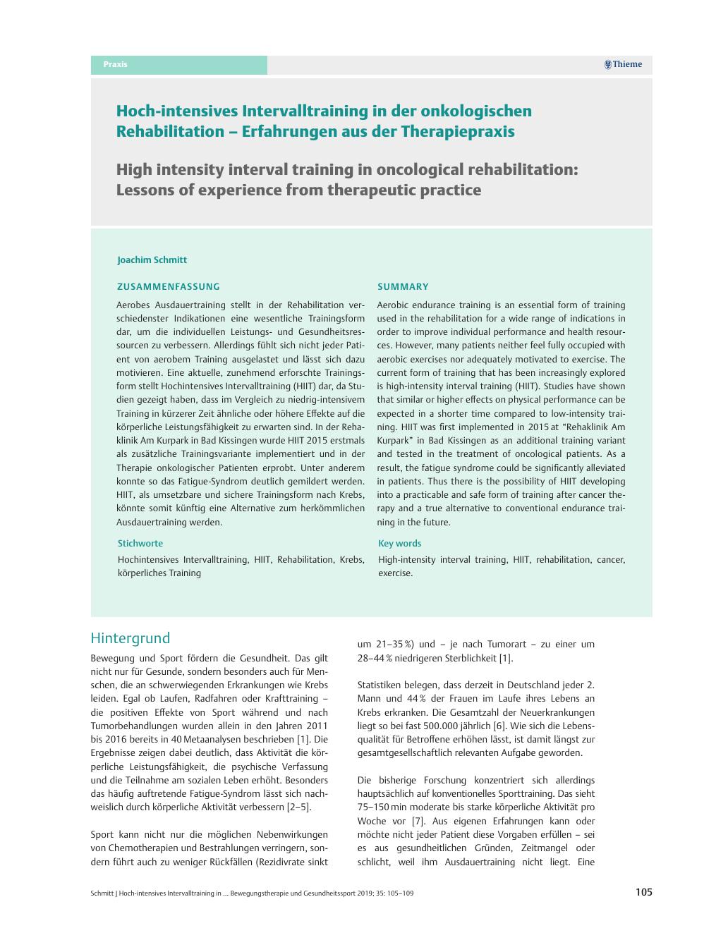 Vorschauseite 1: Hoch-intensives Intervalltraining in der onkologischen Rehabilitation – Erfahrungen aus der Therapiepraxis