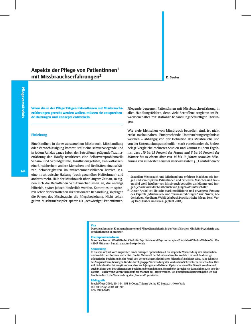 Vorschauseite 1: Aspekte der Pflege von PatientInnen mit Missbrauchserfahrungen