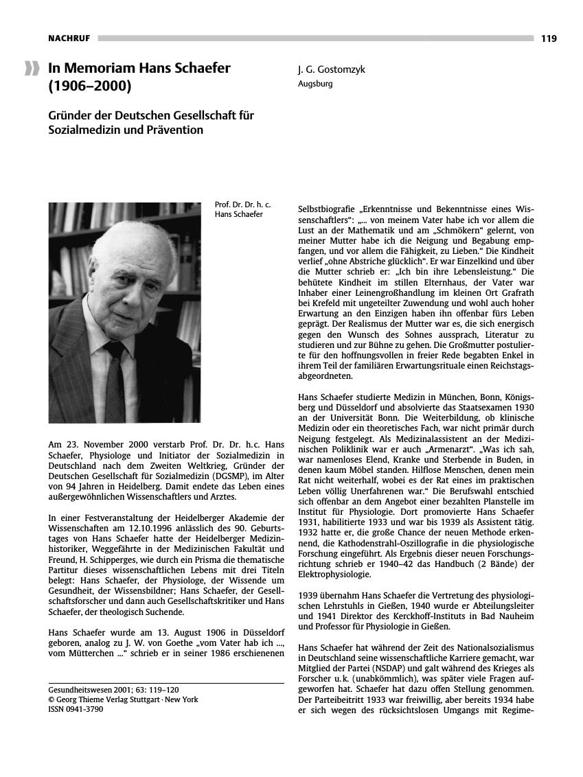 Vorschauseite 1: In Memoriam Hans Schaefer (1906-2000)