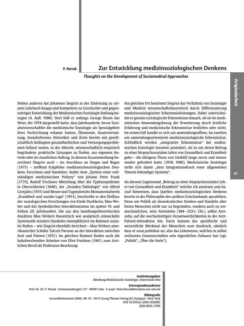 Vorschauseite 1: Zur Entwicklung medizinsoziologischen Denkens