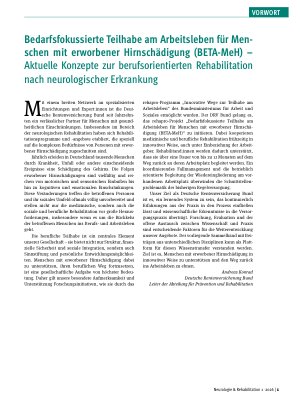 Vorschauseite 1: Bedarfsfokussierte Teilhabe am Arbeitsleben für Menschen mit erworbener Hirnschädigung (BETA-MeH) – Aktuelle Konzepte zur berufsorientierten Rehabilitation nach neurologischer Erk…