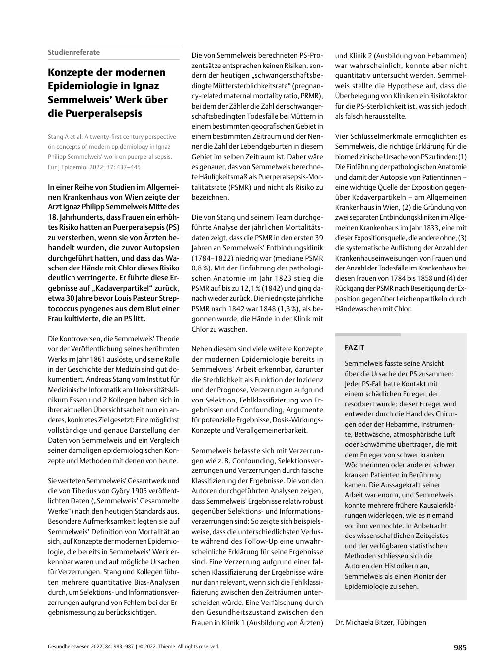 Vorschauseite 1: Konzepte der modernen Epidemiologie in Ignaz Semmelweis’ Werk über die Puerperalsepsis