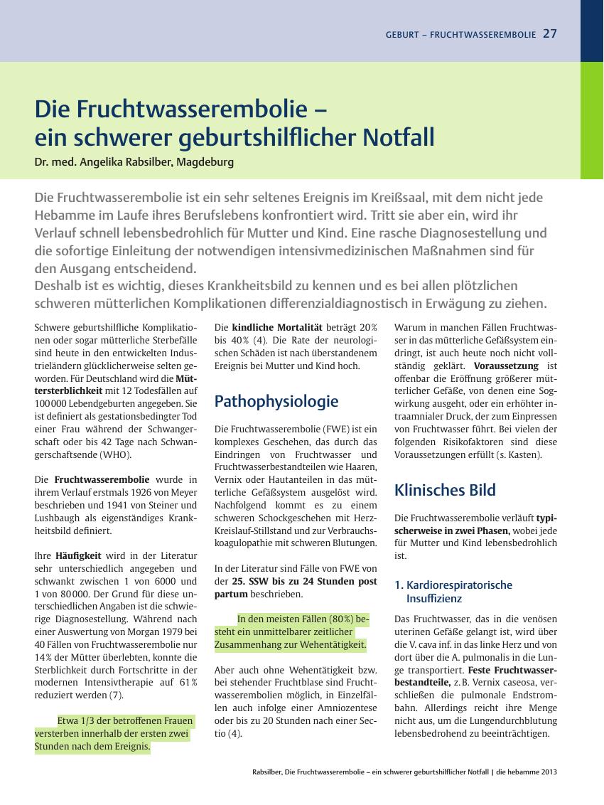 Vorschauseite 1: Die Fruchtwasserembolie – ein schwerer geburtshilflicher Notfall
