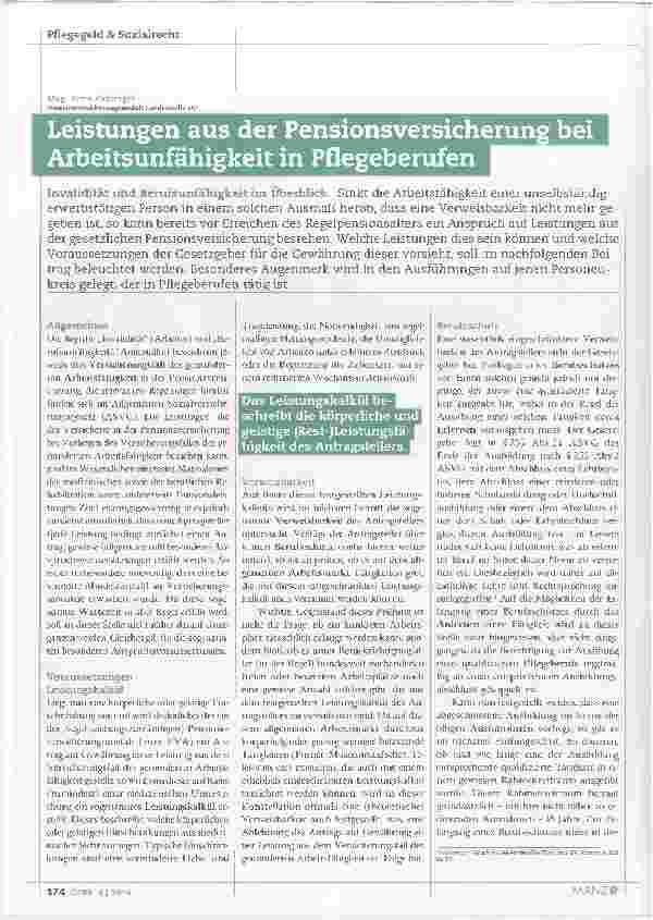Vorschauseite 1: Leistungen aus der Pensionsversicherung bei Arbeitsunfähigkeit in Pflegeberufen