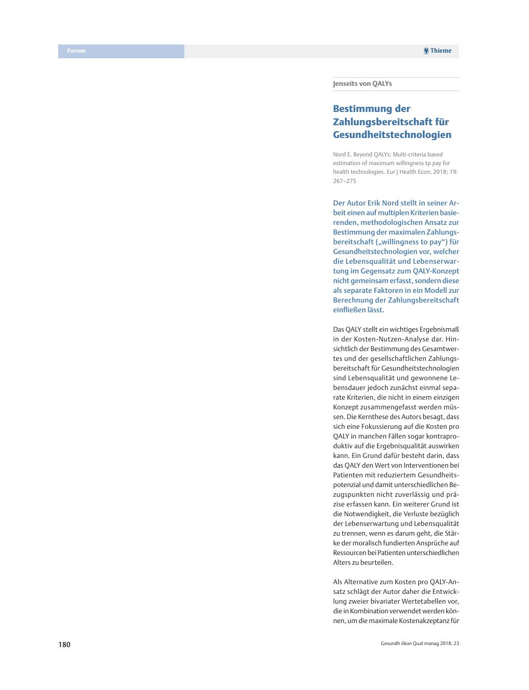 Vorschauseite 1: Jenseits von QALYs ? Bestimmung der Zahlungsbereitschaft für Gesundheitstechnologien
