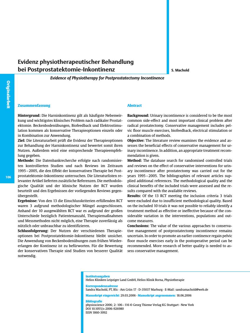 Vorschauseite 1: Evidenz physiotherapeutischer Behandlung bei Postprostatektomie-Inkontinenz