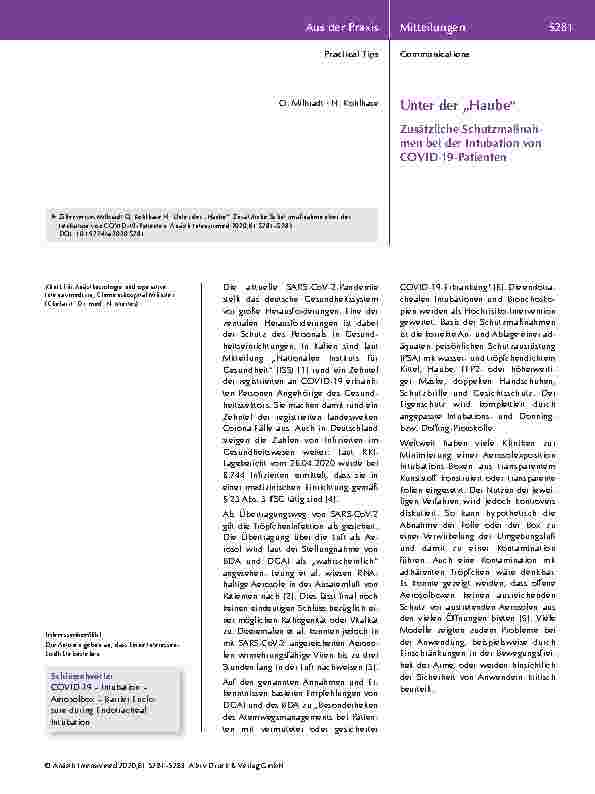 Vorschauseite 1: Unter der „Haube“ Zusätzliche Schutzmaßnahmen bei der Intubation von COVID-19-Patienten