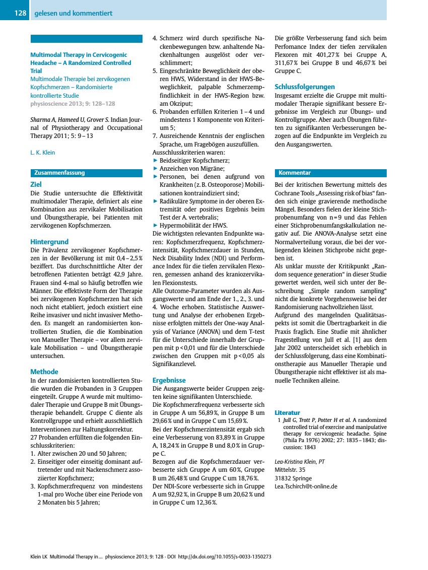 Vorschauseite 1: Multimodal Therapy in Cervicogenic Headache – A Randomized Controlled Trial