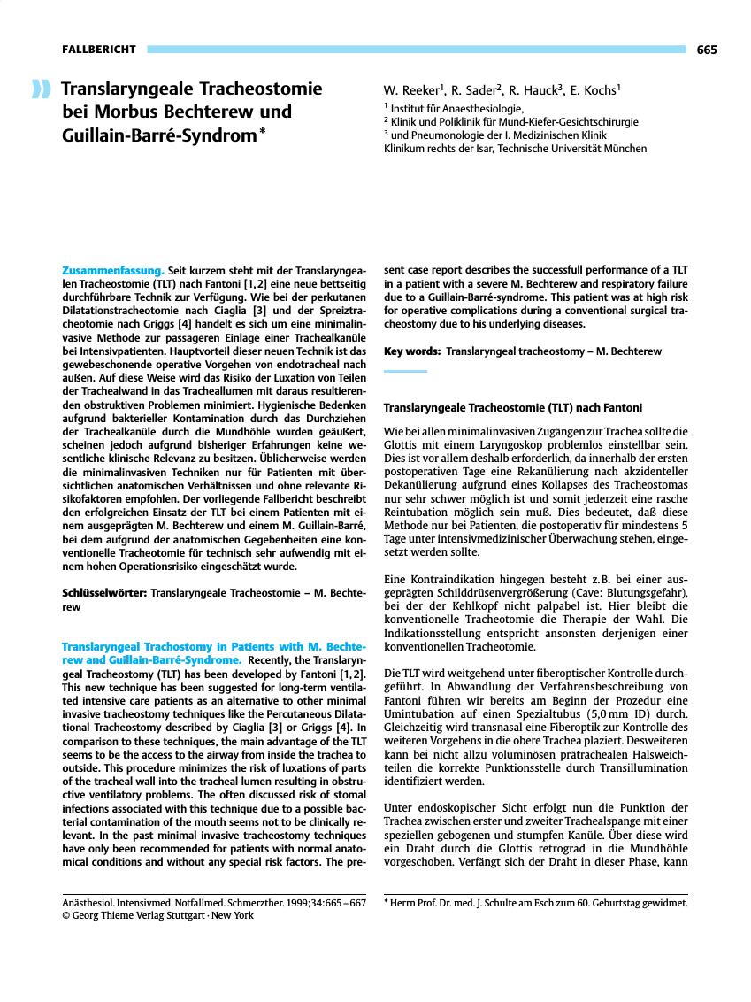Vorschauseite 1: Translaryngeale Tracheostomie bei Morbus Bechterew und Guillain-Barré-Syndrom*