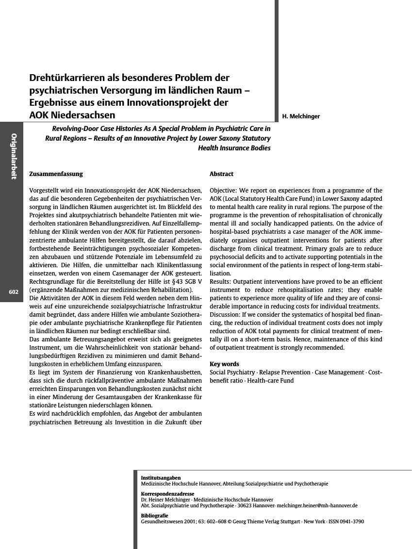 Vorschauseite 1: Drehtürkarrieren als besonderes Problem der psychiatrischen Versorgung im ländlichen Raum - Ergebnisse aus einem Innovationsprojekt der AOK Niedersachsen