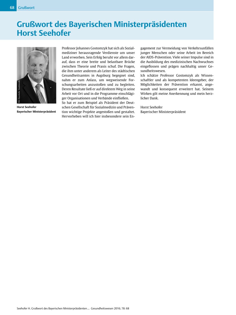 Vorschauseite 1: Grußwort des Bayerischen Ministerpräsidenten Horst Seehofer