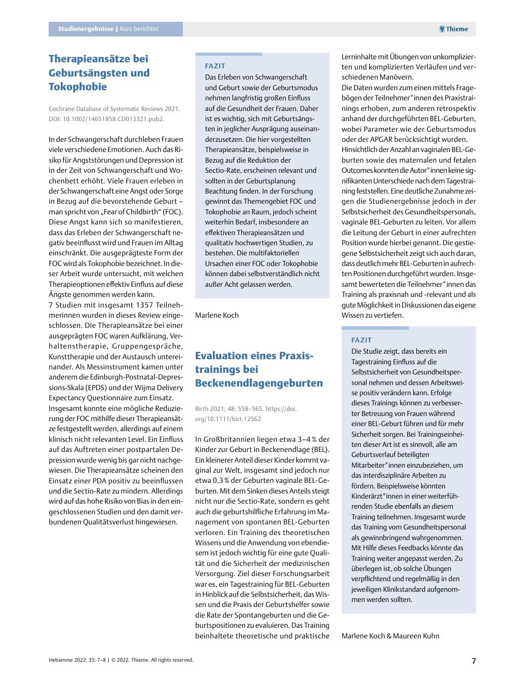 Vorschauseite 1: Therapieansätze bei Geburtsängsten und Tokophobie