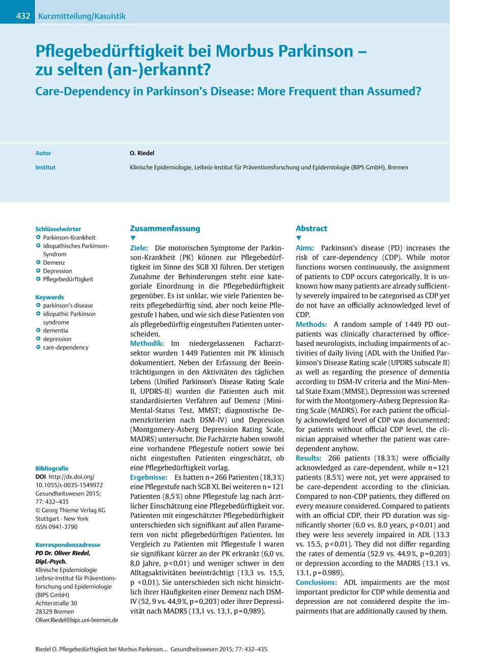 Vorschauseite 1: Pflegebedürftigkeit bei Morbus Parkinson – zu selten (an-)erkannt?