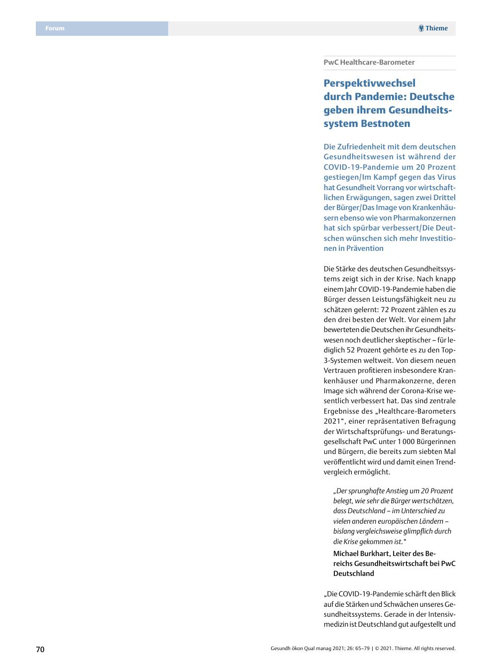 Vorschauseite 1: PwC Healthcare-Barometer – Perspektivwechsel durch Pandemie: Deutsche geben ihrem Gesundheitssystem Bestnoten