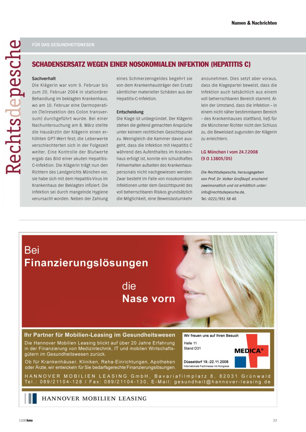 Vorschauseite 1: Schadensersatz wegen einer nosokomialen Infektion (Hepatitis C)