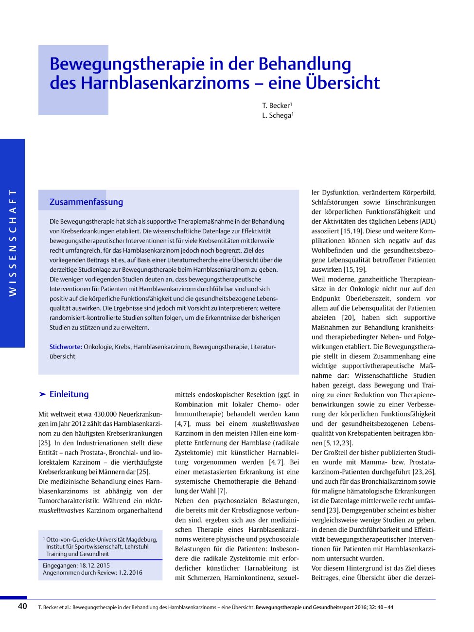Vorschauseite 1: Bewegungstherapie in der Behandlung des Harnblasenkarzinoms – eine Übersicht