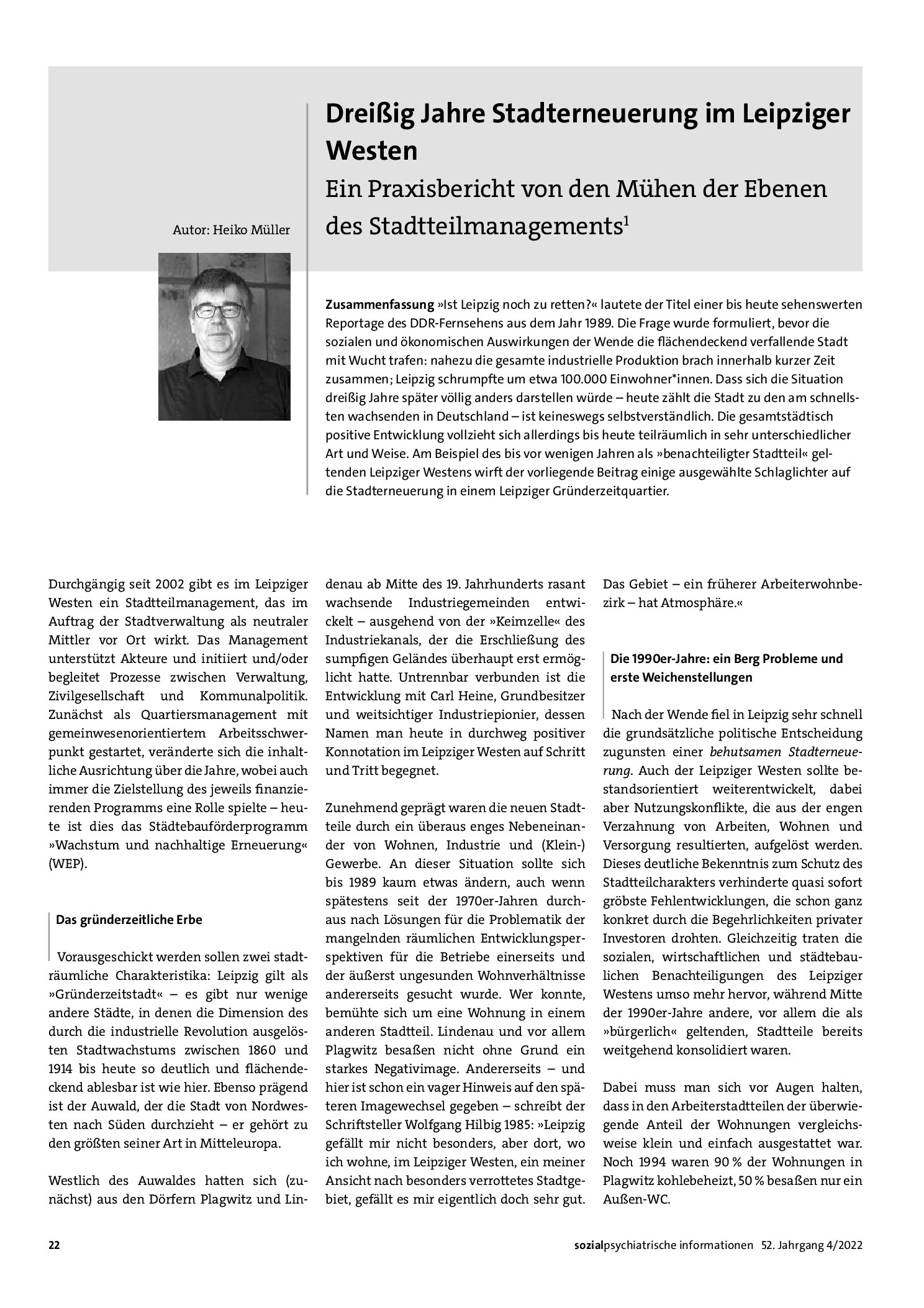 Vorschauseite 1: Dreißig Jahre Stadterneuerung im Leipziger Westen. Ein Praxisbericht von den Mühen der Ebenen des Stadtteilmanagements