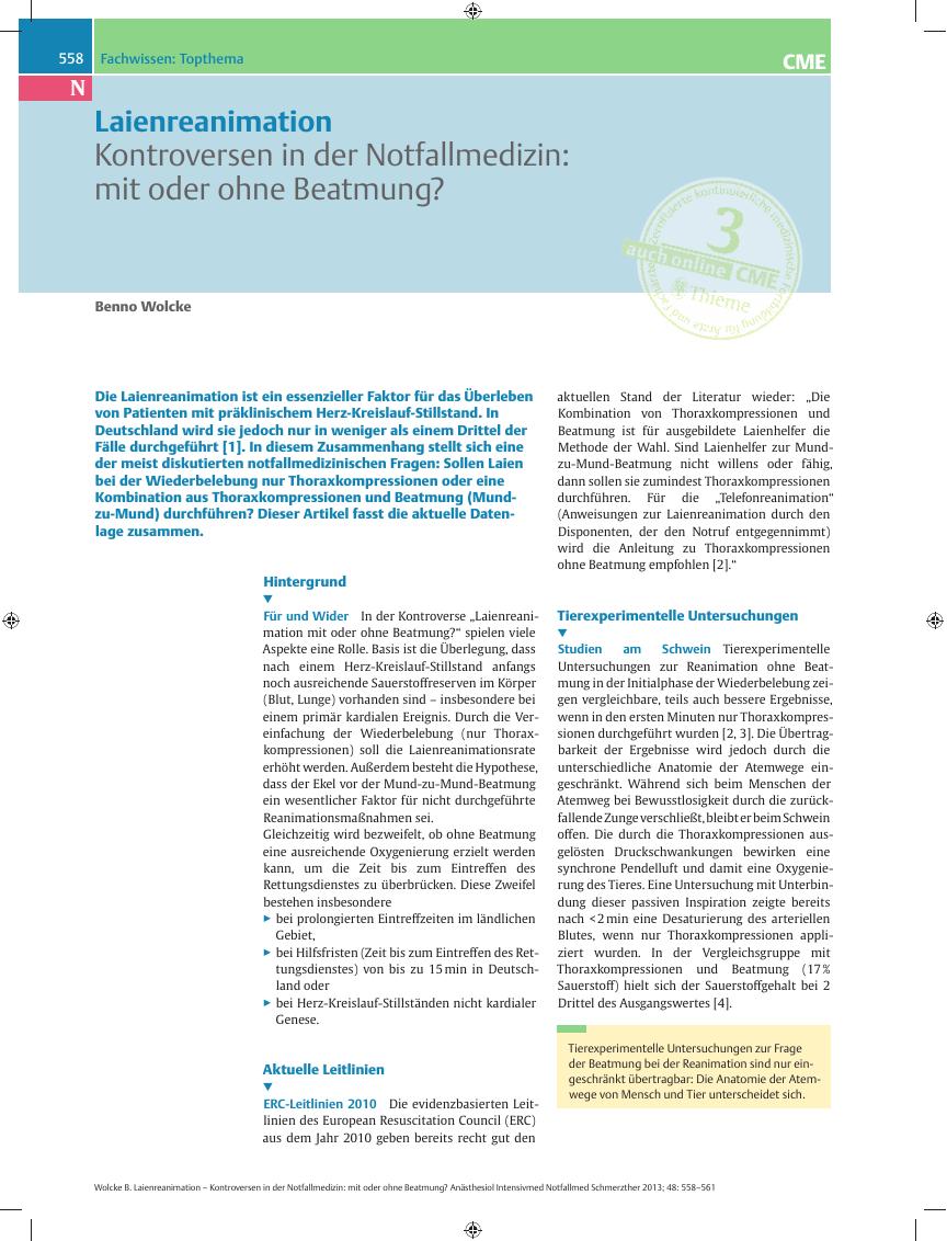 Vorschauseite 1: Laienreanimation – Kontroversen in der Notfallmedizin: mit oder ohne Beatmung?