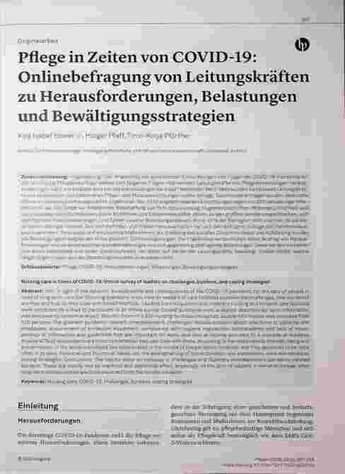Vorschauseite 1: Pflege in Zeiten von COVID-19: Onlinebefragung von Leitungskräften zu Herausforderungen, Belastungen und Bewältigungsstrategien