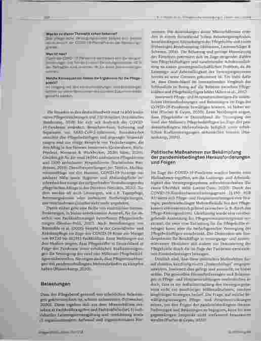 Vorschauseite 2: Pflege in Zeiten von COVID-19: Onlinebefragung von Leitungskräften zu Herausforderungen, Belastungen und Bewältigungsstrategien