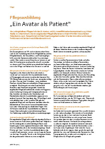 Vorschauseite 1: Pflegeausbildung „Ein Avatar als Patient“