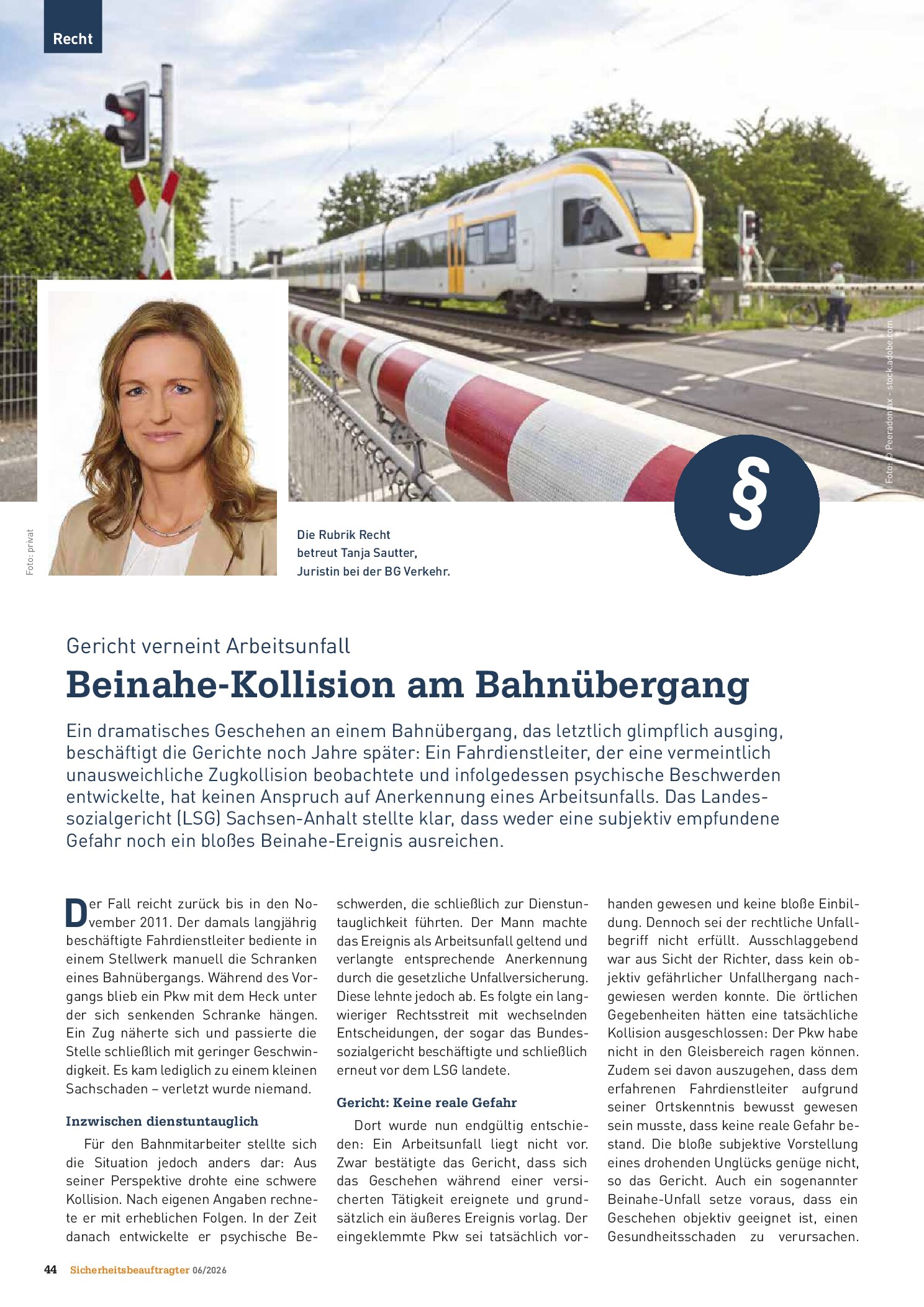 Vorschauseite 1: Gericht verneint Arbeitsunfall. Beinahe-Kollision am Bahnübergang