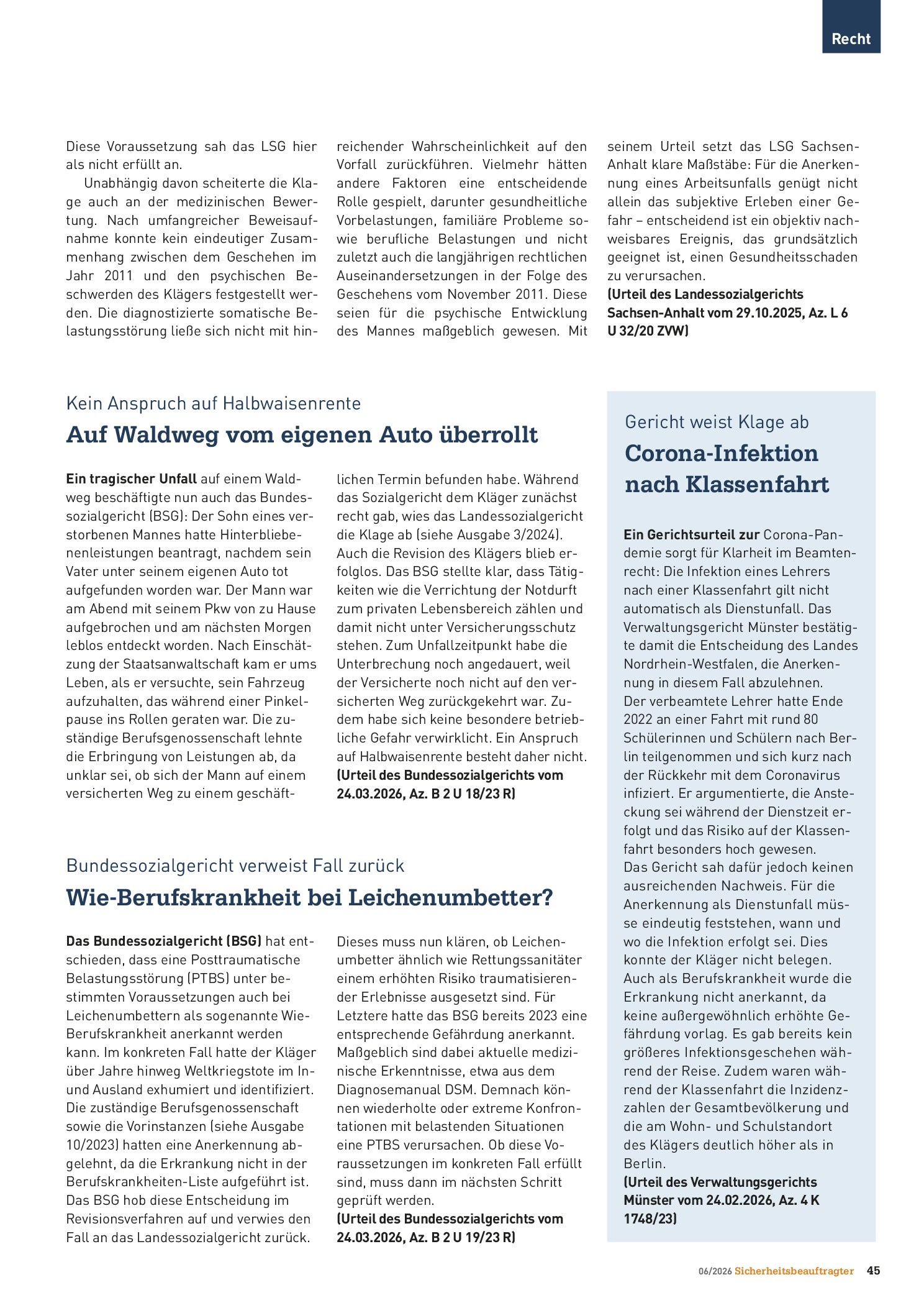 Vorschauseite 2: Gericht verneint Arbeitsunfall. Beinahe-Kollision am Bahnübergang