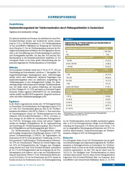 Vorschauseite 1: Implementierungsstand der Telefonreanimation durch Rettungsleitstellen in Deutschland