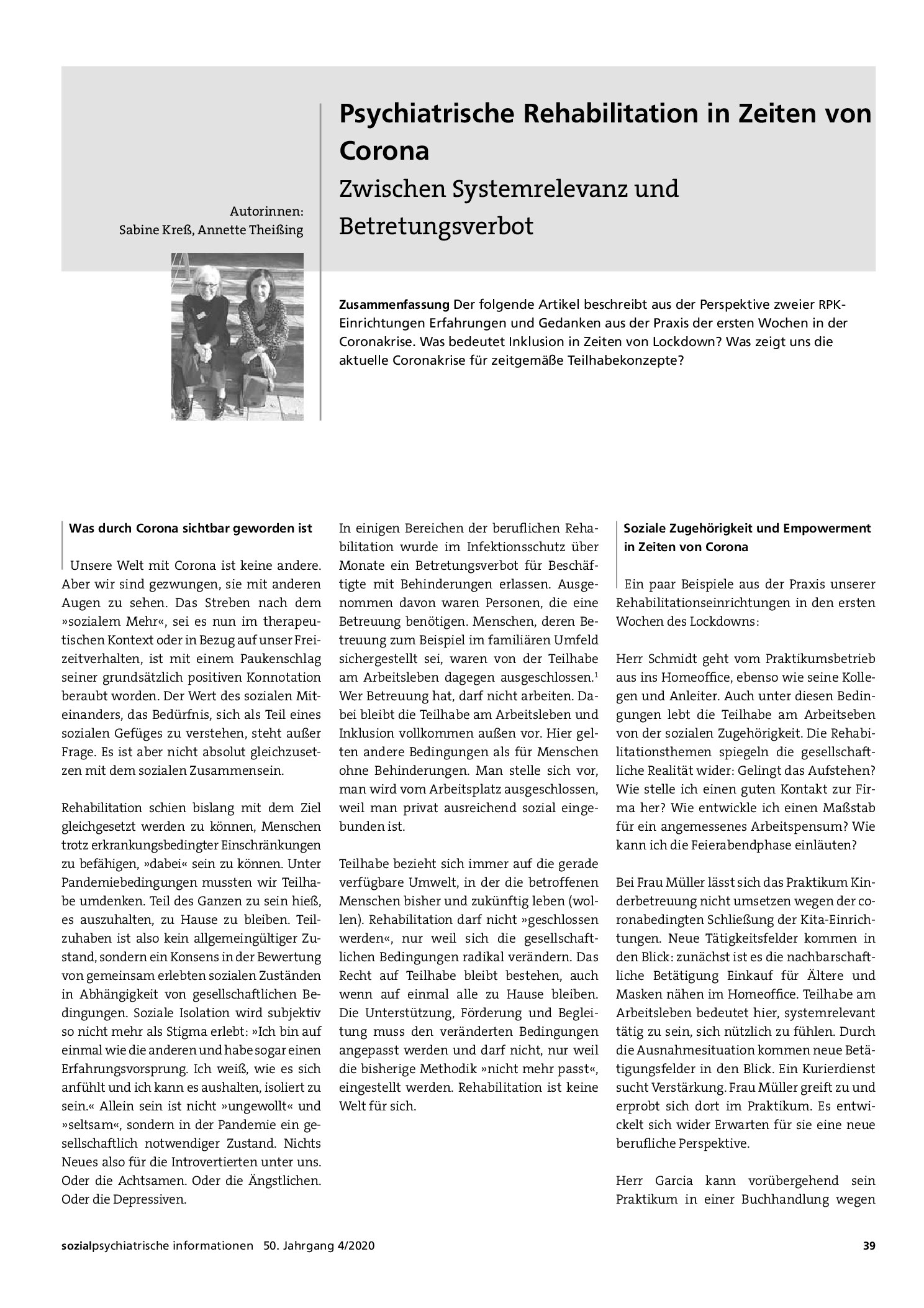 Vorschauseite 1: Psychiatrische Rehabilitation in Zeiten von Corona – Zwischen Systemrelevanz und Betretungsverbot