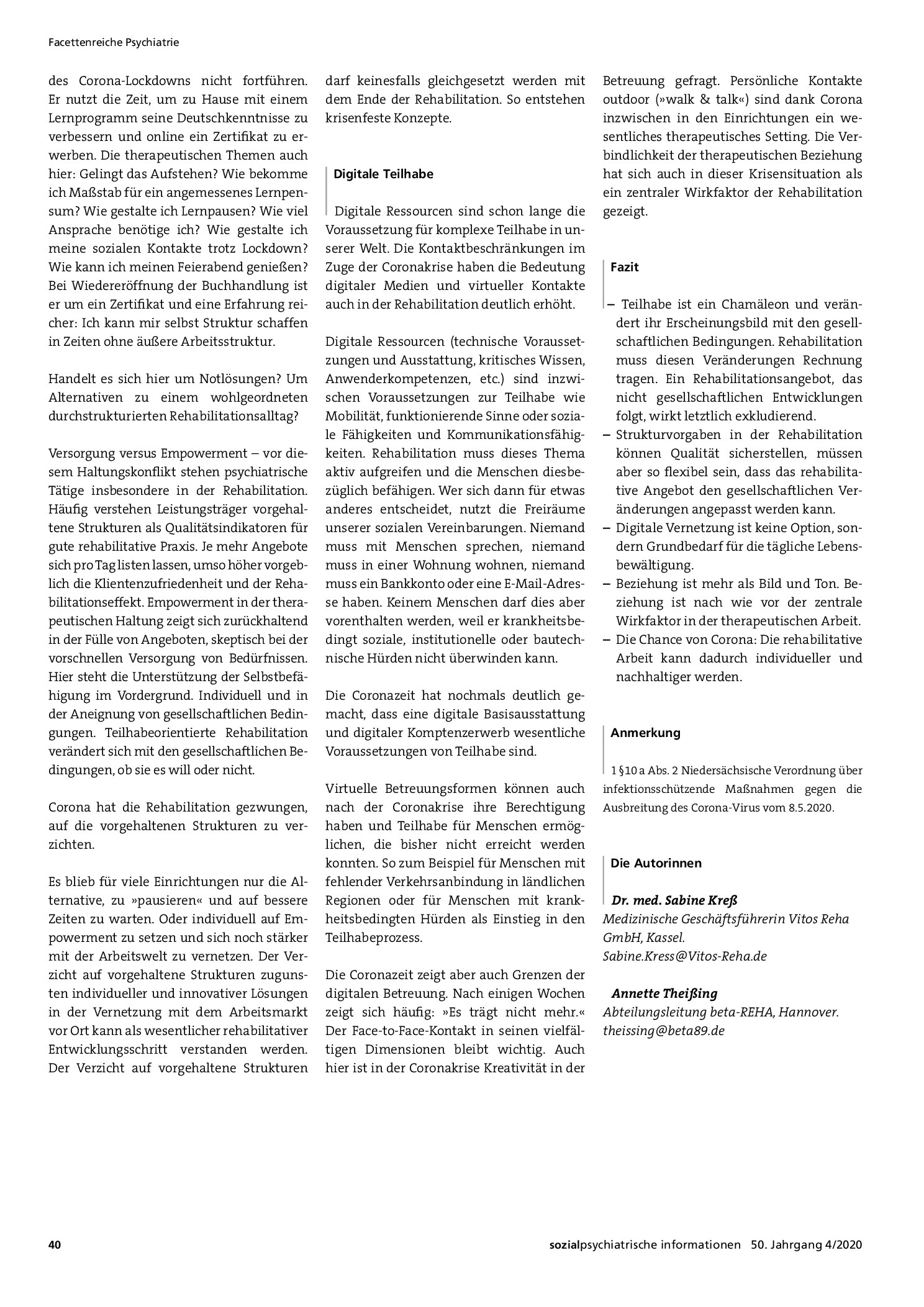 Vorschauseite 2: Psychiatrische Rehabilitation in Zeiten von Corona – Zwischen Systemrelevanz und Betretungsverbot